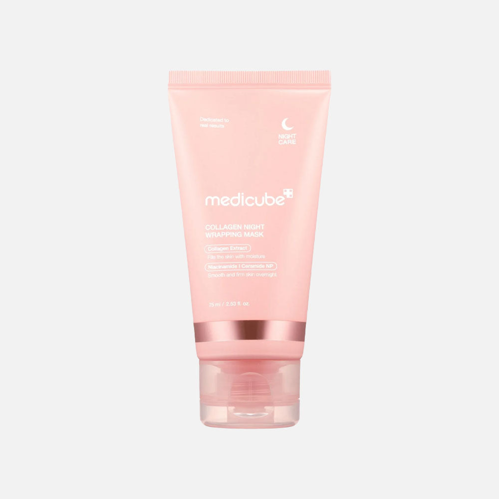Masque de nuit Medicube Collagen Wrapping, 100 g, pot bleu avec étiquette blanche, skincare coréenne | Medicube Collagen Night Wrapping Mask, 100 g, blue jar with white label, Korean skincare