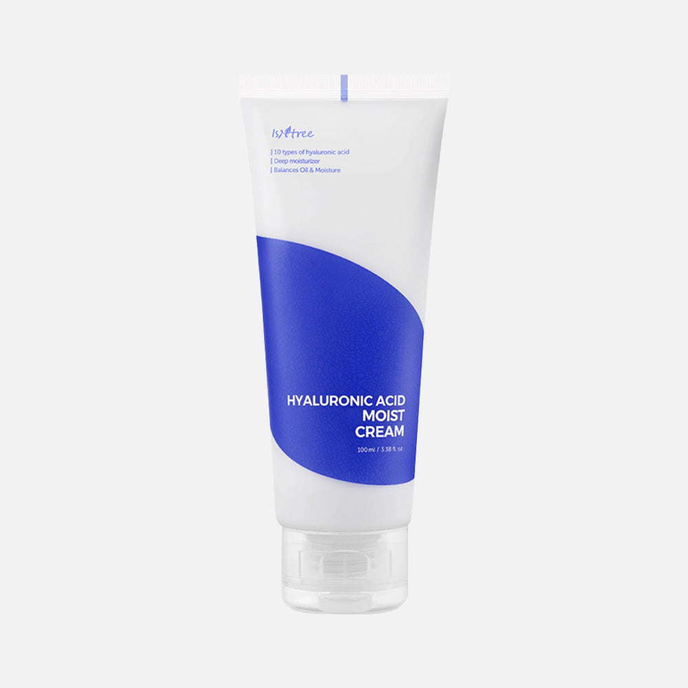 Crème hydratante Isntree à l'acide hyaluronique, pour peau sèche, 50 ml, pot transparent avec étiquette bleue | Isntree Hyaluronic Acid Moist Cream, for dry skin, 50 ml, transparent jar with blue label