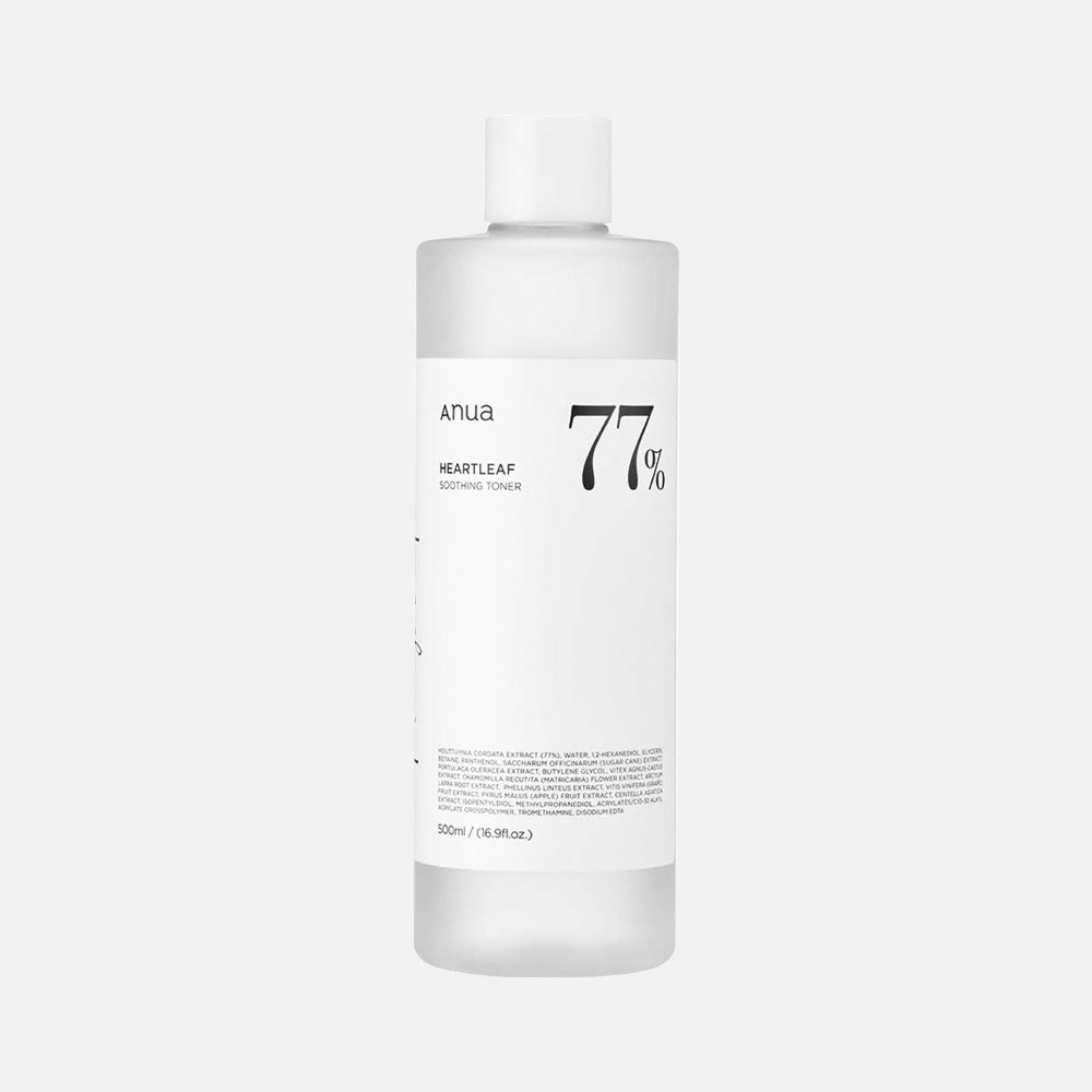 Toner apaisant Anua Heartleaf 77%, 200 ml, flacon vert avec étiquette blanche, produit coréen viral TikTok, skincare coréenne | Anua Heartleaf 77% Soothing Toner, 200 ml, green bottle with white label, viral Korean product on TikTok, Korean skincare