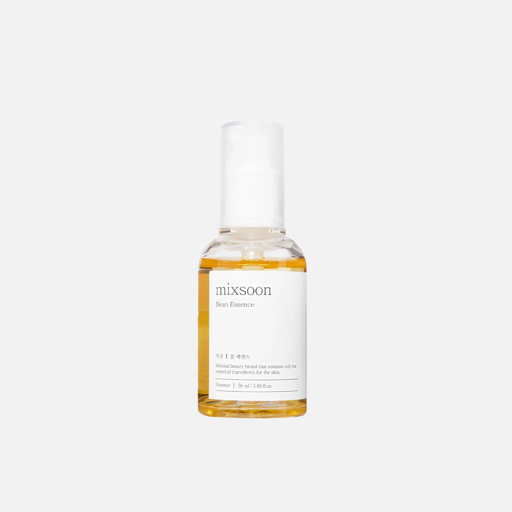 Essence Mixsoon Bean, 100 ml, flacon transparent avec étiquette noire, produit coréen viral TikTok, skincare coréenne | Mixsoon Bean Essence, 100 ml, transparent bottle with black label, viral Korean product on TikTok, Korean skincare
