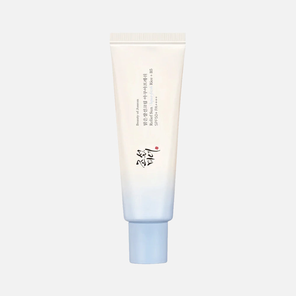 Crème solaire Beauty of Joseon Relief Sun Aqua-fresh : Riz + B5, SPF 50+, 50 ml, tube blanc avec étiquette verte, skincare coréenne | Beauty of Joseon Relief Sun Aqua-fresh: Rice + B5 Sunscreen, SPF 50+, 50 ml, white tube with green label, Korean skincare
