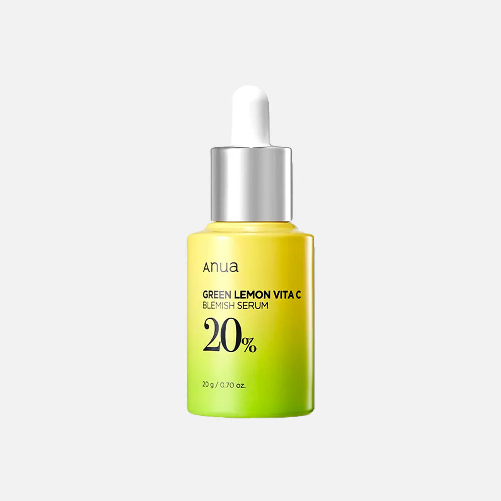 rum Anua Green Lemon Vita C Blemish pour les imperfections, 30 ml, flacon transparent avec étiquette verte, skincare coréenne | Anua Green Lemon Vita C Blemish Serum for Blemishes, 30 ml, transparent bottle with green label, Korean skincare