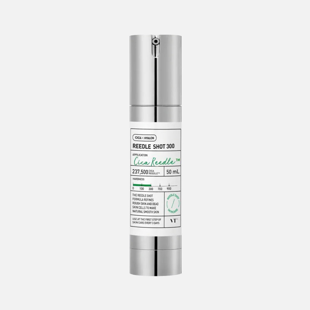 VT Cosmetics Reedle Shot 300, sérum hydratant, 300 ml, flacon transparent avec étiquette noire, skincare coréenne | VT Cosmetics Reedle Shot 300, hydrating serum, 300 ml, transparent bottle with black label, Korean skincare
