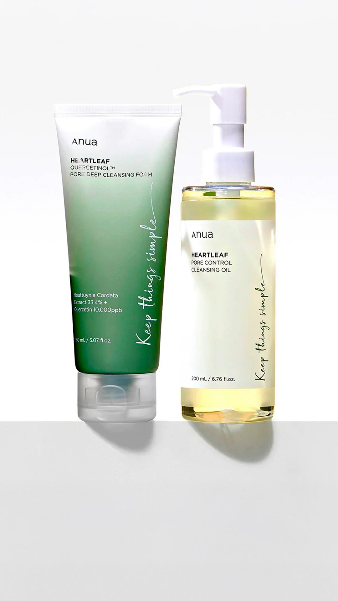 Bannière mettant en avant l'huile démaquillante Anua Heartleaf et la mousse nettoyante Anua Heartleaf, soins doux pour la peau, skincare coréenne | Banner showcasing Anua Heartleaf Cleansing Oil and Anua Heartleaf Cleansing Foam, gentle skincare for the skin, Korean skincare