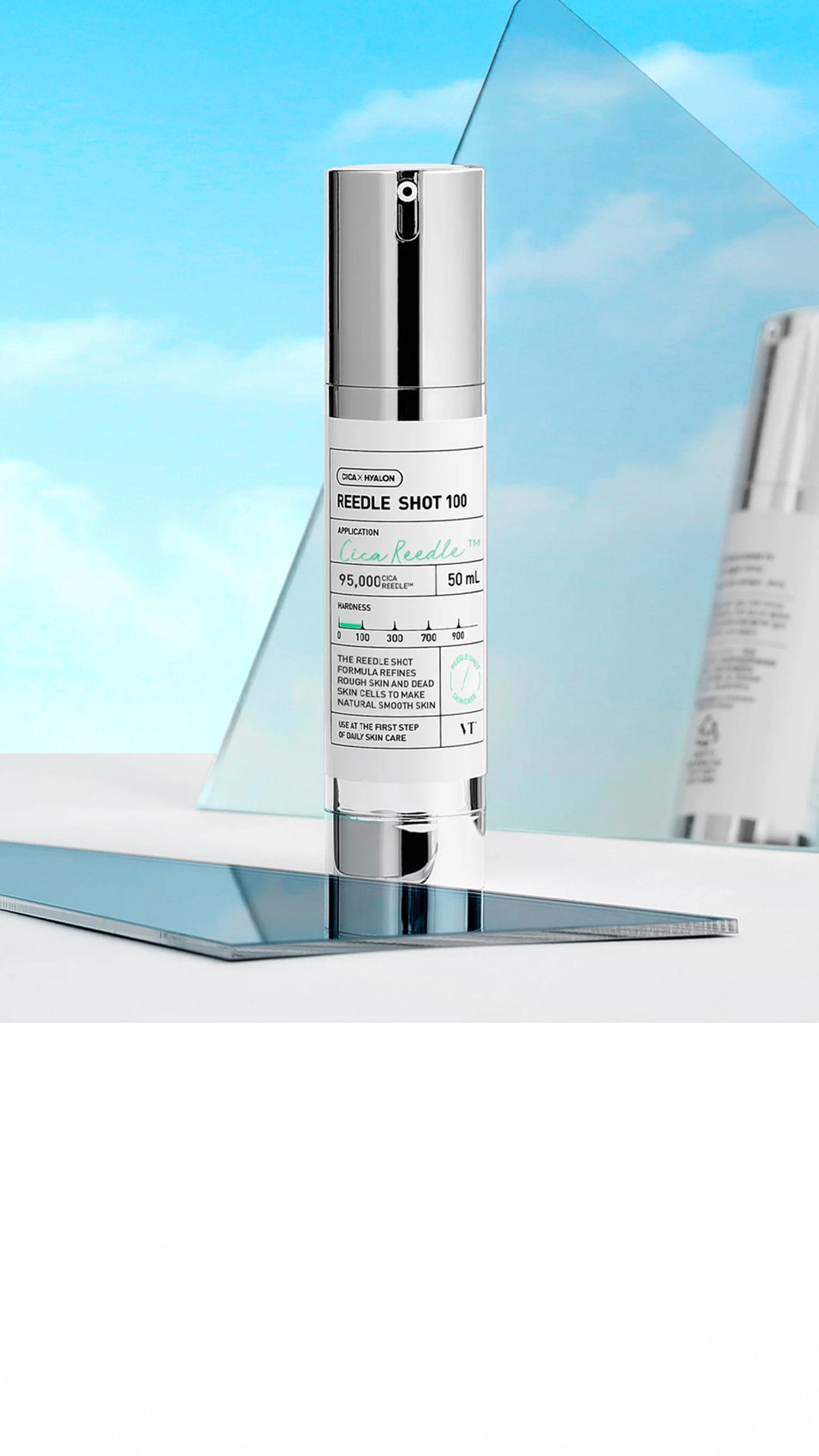 Bannière mettant en avant le sérum VT Reedle Shot 100, hydratation intense, 100 ml, skincare coréenne | Banner showcasing VT Reedle Shot 100 Serum, intense hydration, 100 ml, Korean skincare