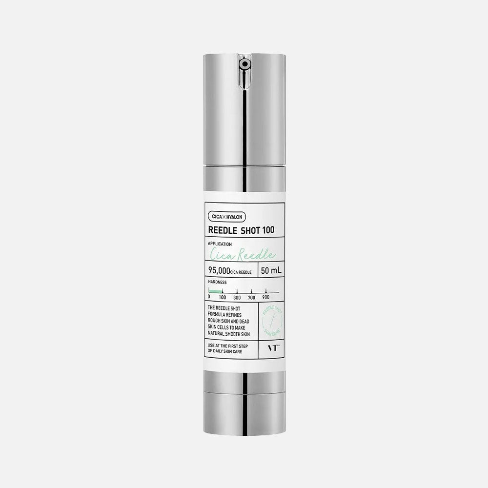 VT Cosmetics Reedle Shot 100, sérum hydratant, 100 ml, flacon transparent avec étiquette noire, skincare coréenne | VT Cosmetics Reedle Shot 100, hydrating serum, 100 ml, transparent bottle with black label, Korean skincare